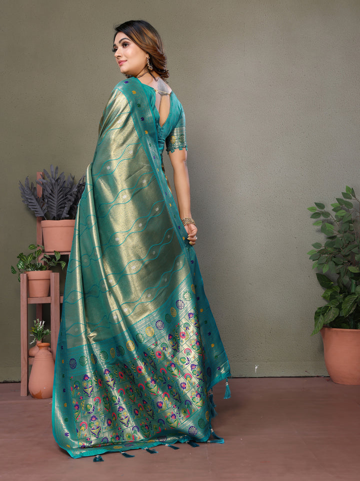 Sky Blue Vasant Banarasi Tissue Silk Saree With Laheriya Woven Borders & Contrast Banarasi Pallu