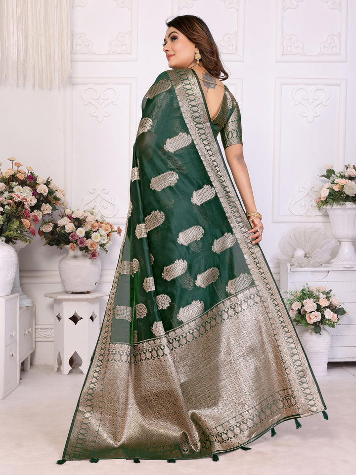 Dark Green Vanshika Soft Organza Silk Banarasi Saree With Unique Butta With Unique Colours