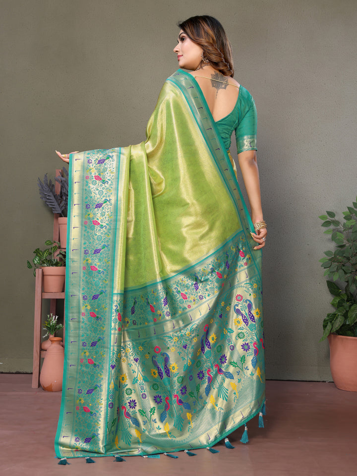 Green Mrudangi Pure Banarasi Tissue silk sarees contrast Paithani woven border classic pallu