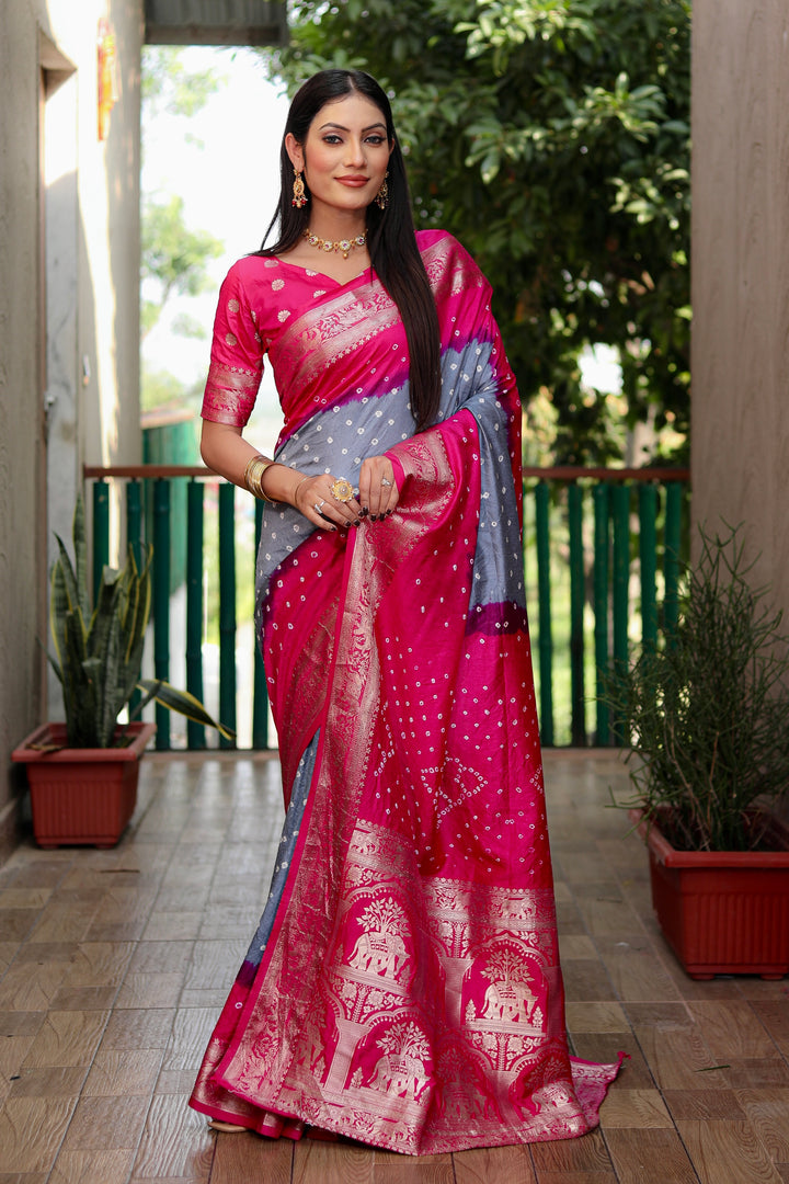 Gray Vahini Pure Bandhej Silk Saree With Bandhej Border & Zari Weaving Rich Tissue Pallu