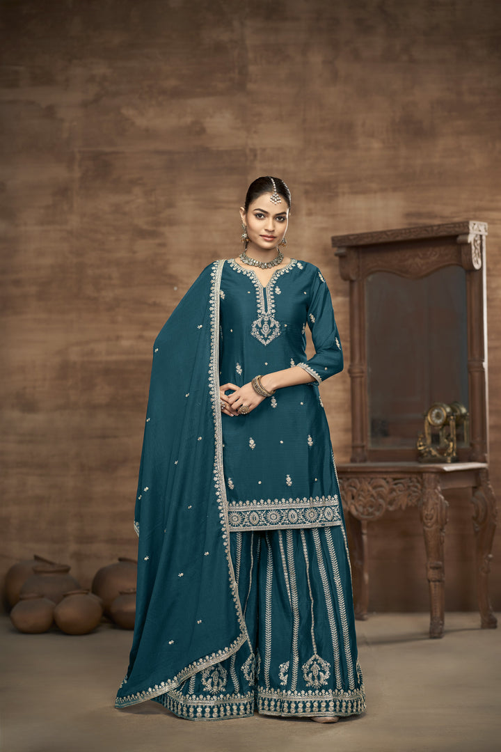 Teal Color Chinnon With Embroidery And Sequins Work Top And Plazo
