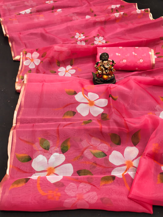 Red Vrinda Organza Digital Print Soft Shiny Art Silk Saree With Inspired Gold Border
