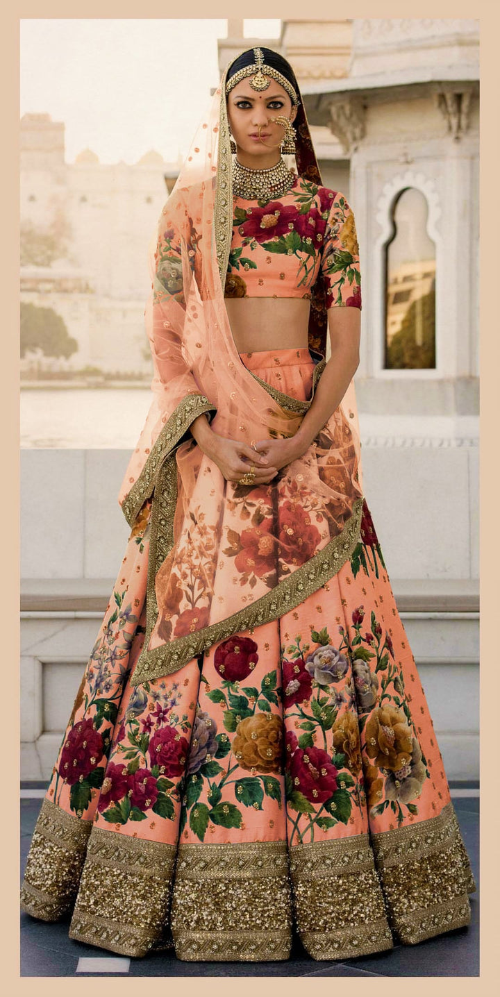 Peach Color Art Silk Sequins Embroidered Border and Pearl work Lehenga Choli