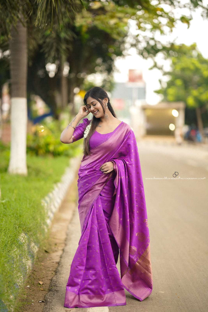 Purple Color Polka Print Jacquard Banarasi Saree with Border and Tussel.