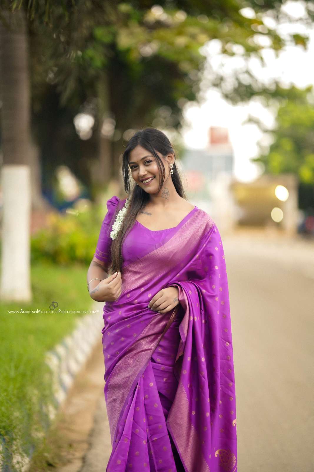 Purple Color Polka Print Jacquard Banarasi Saree with Border and Tussel.