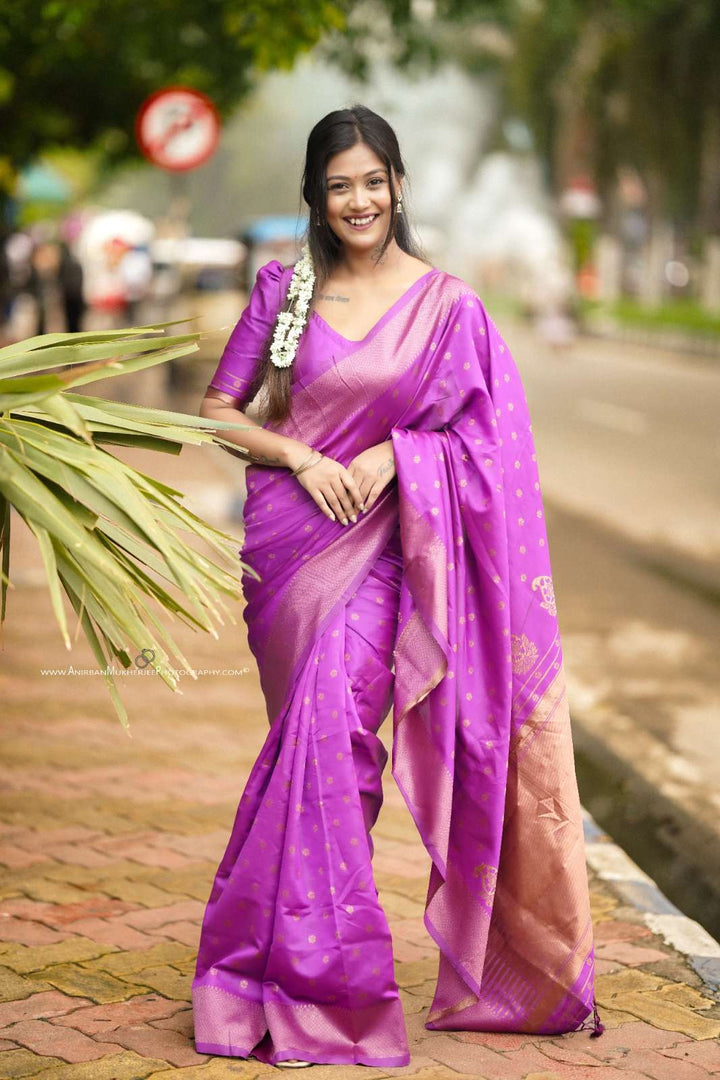 Purple Color Polka Print Jacquard Banarasi Saree with Border and Tussel.