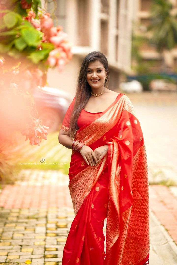 Red Color Polka Print Jacquard Banarasi Saree with Border and Tussel