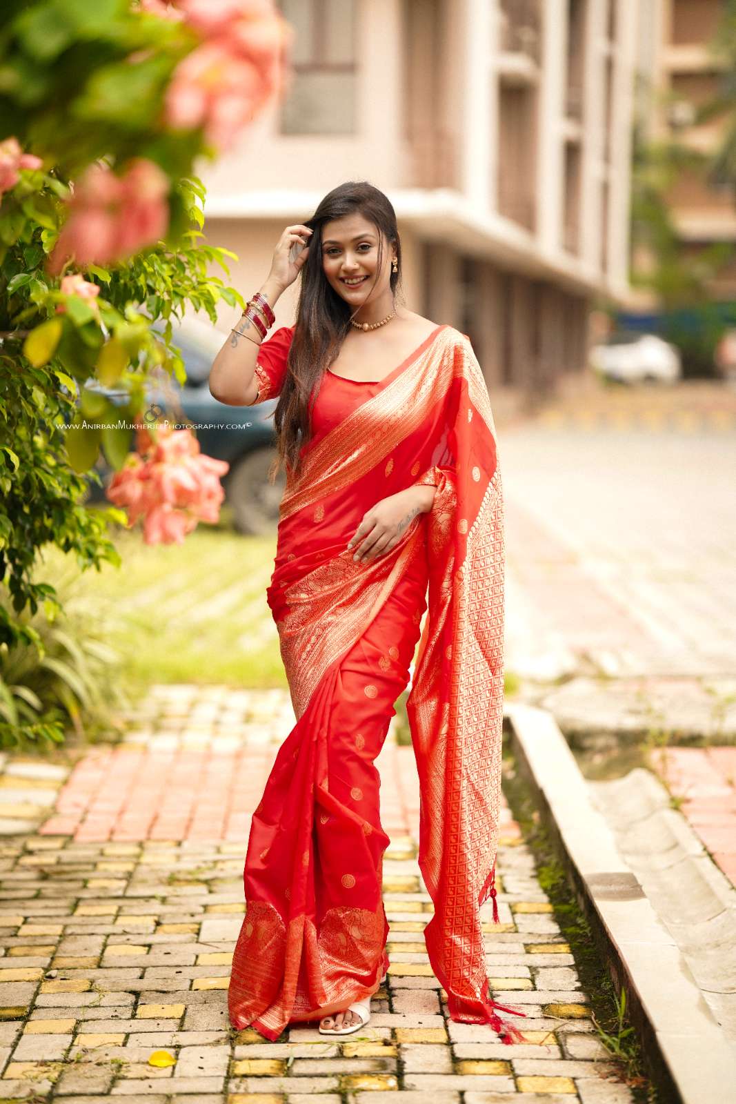 Red Color Polka Print Jacquard Banarasi Saree with Border and Tussel