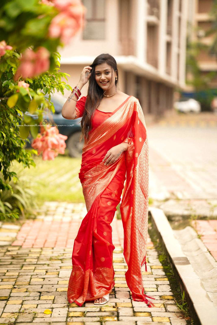 Red Color Polka Print Jacquard Banarasi Saree with Border and Tussel
