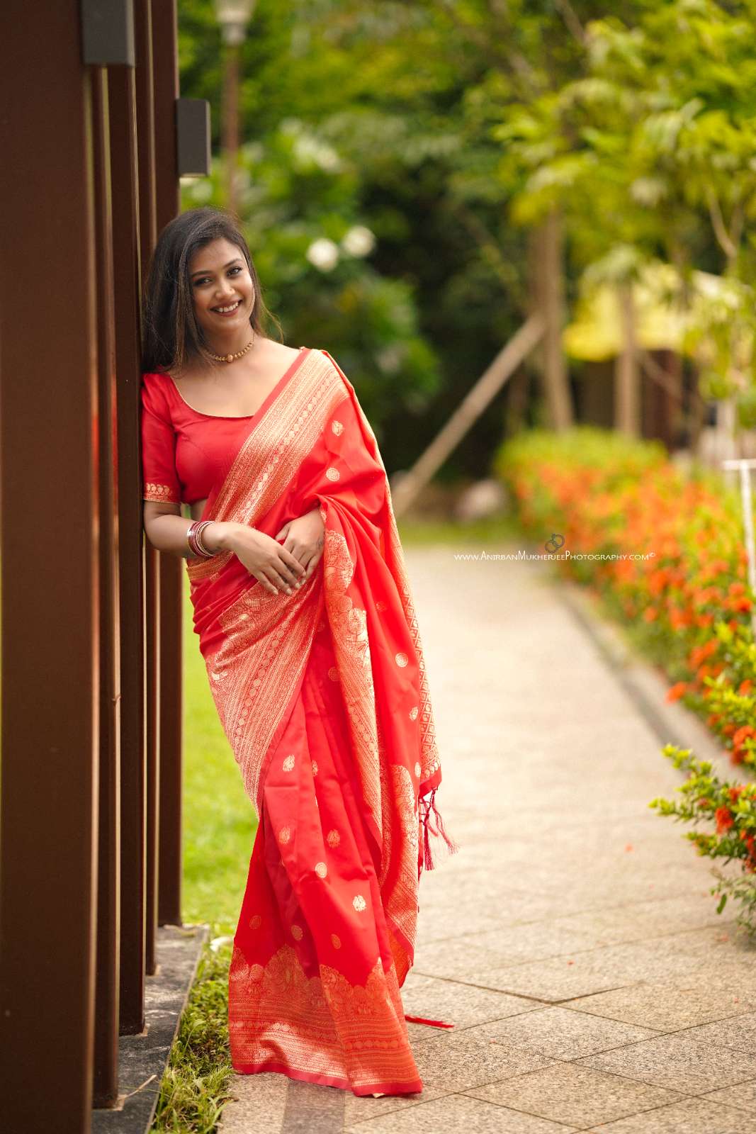 Red Color Polka Print Jacquard Banarasi Saree with Border and Tussel