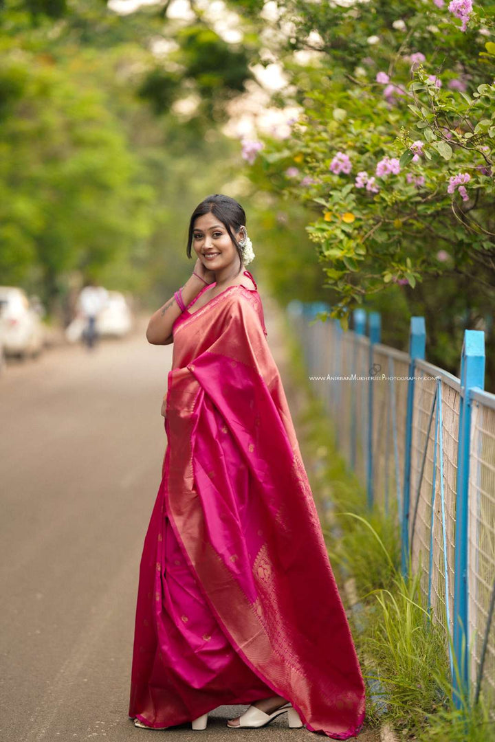 Pink Color Polka Print Jacquard Banarasi Saree with Border and Tussel