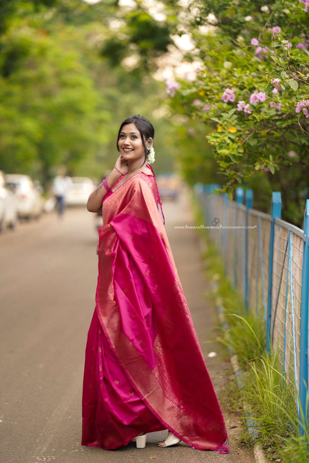 Pink Color Polka Print Jacquard Banarasi Saree with Border and Tussel