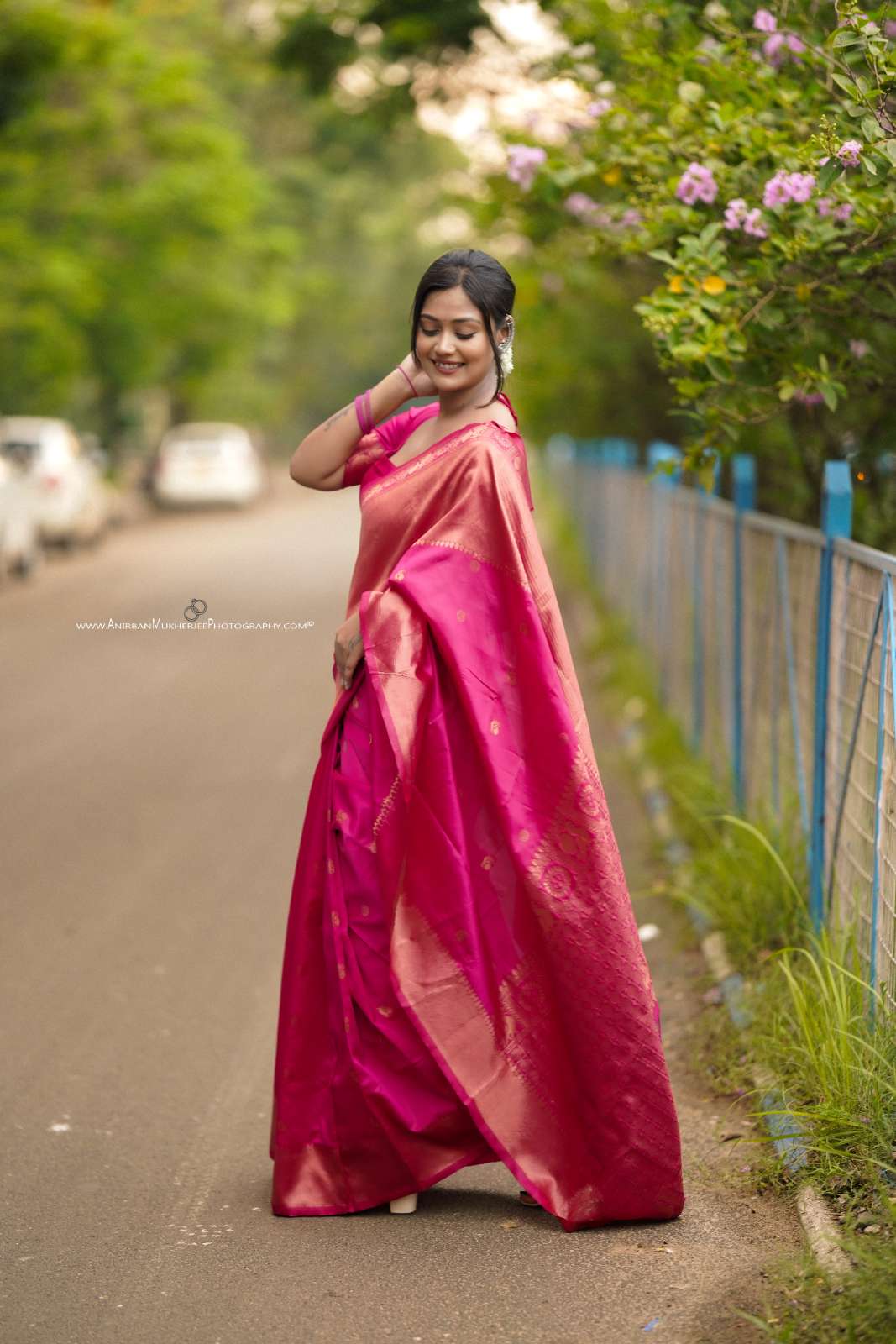 Pink Color Polka Print Jacquard Banarasi Saree with Border and Tussel