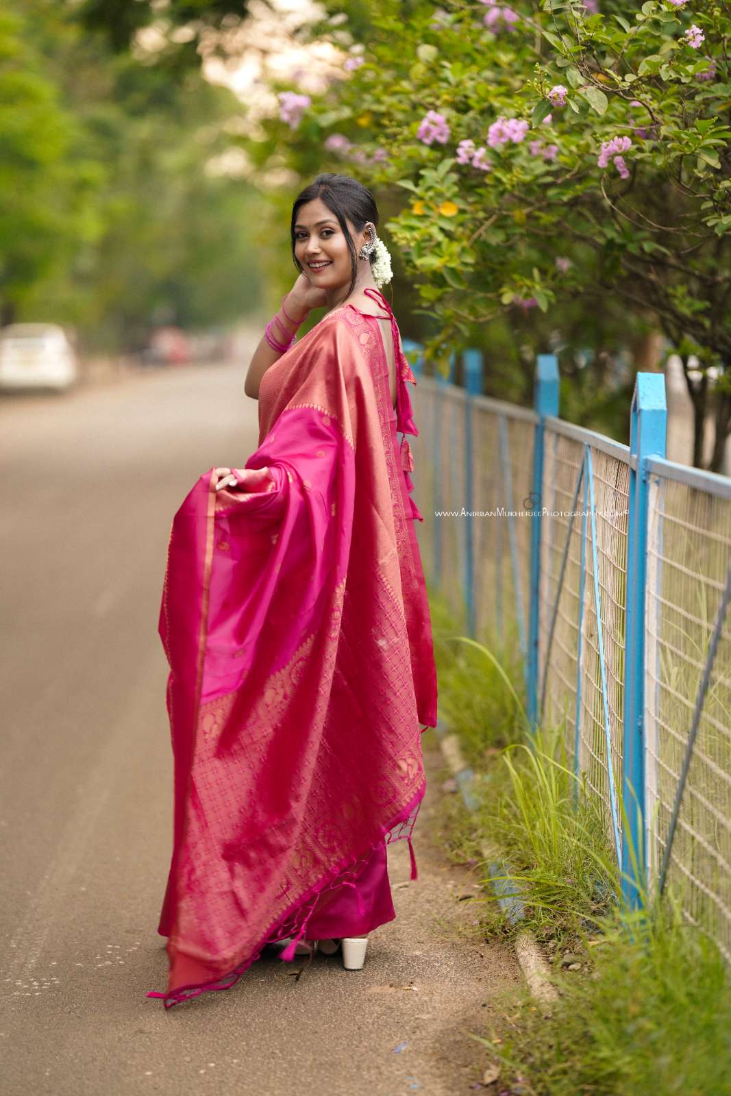 Pink Color Polka Print Jacquard Banarasi Saree with Border and Tussel