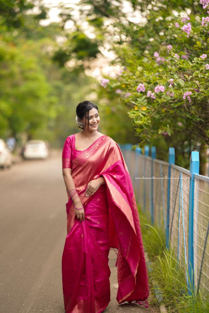 Pink Color Polka Print Jacquard Banarasi Saree with Border and Tussel