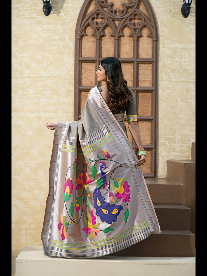 Gray Color Paithani Soft Blended Silk Saree with Zari Woven