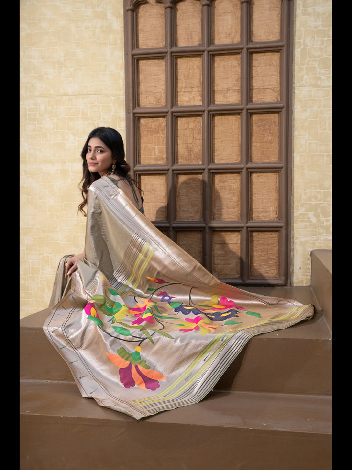 Gray Color Paithani Soft Blended Silk Saree with Zari Woven