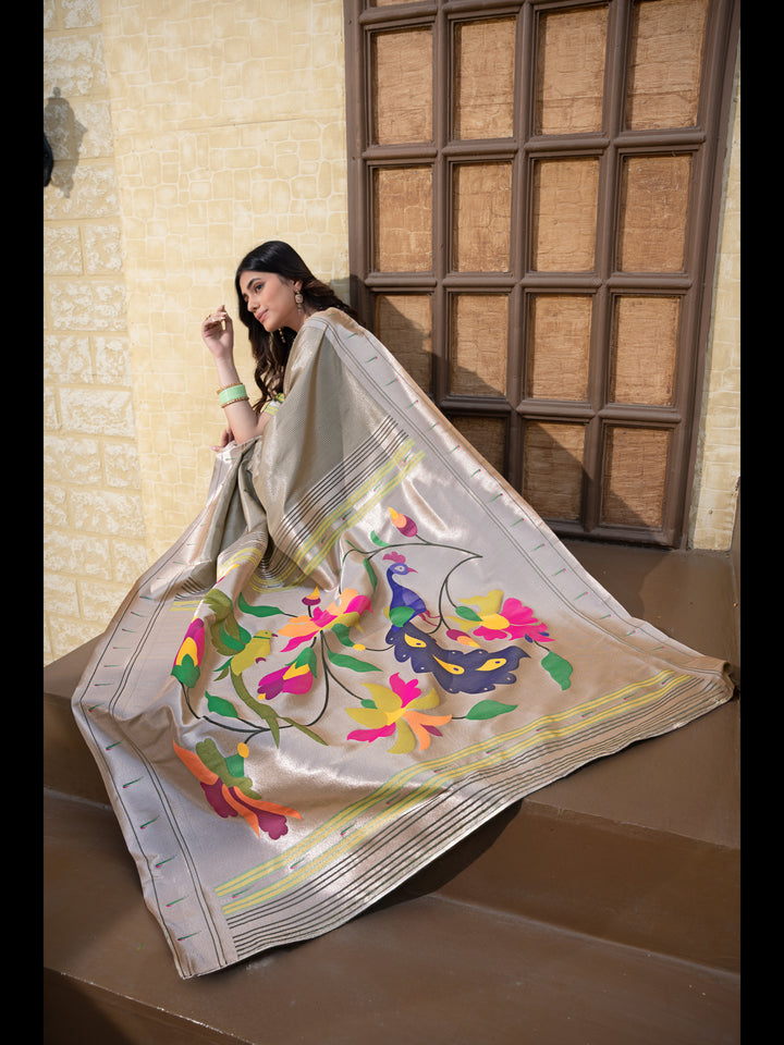 Gray Color Paithani Soft Blended Silk Saree with Zari Woven