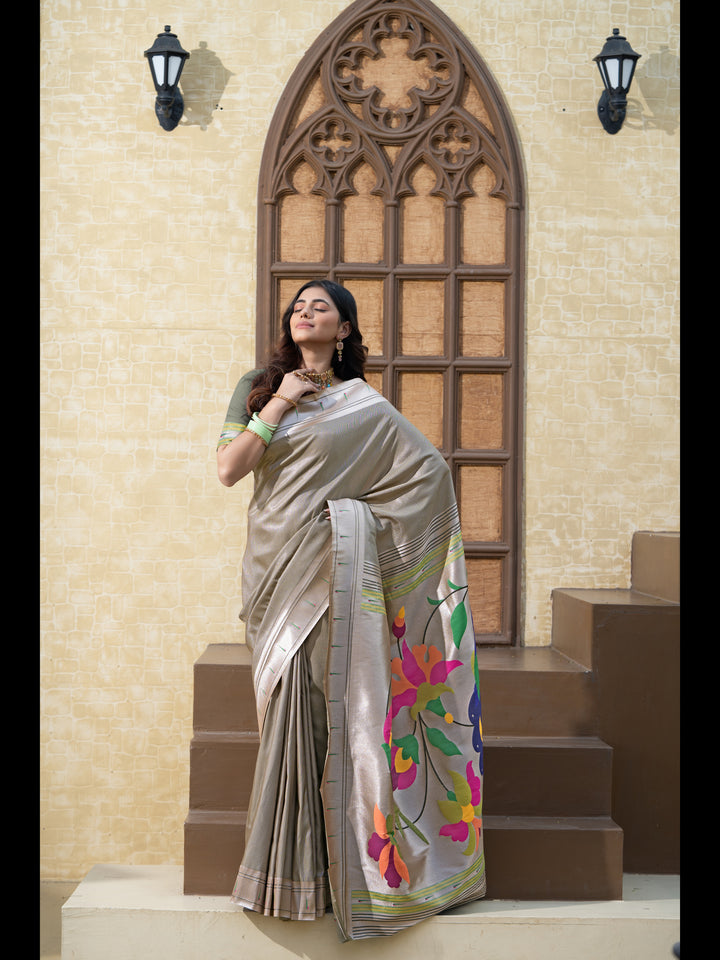 Gray Color Paithani Soft Blended Silk Saree with Zari Woven