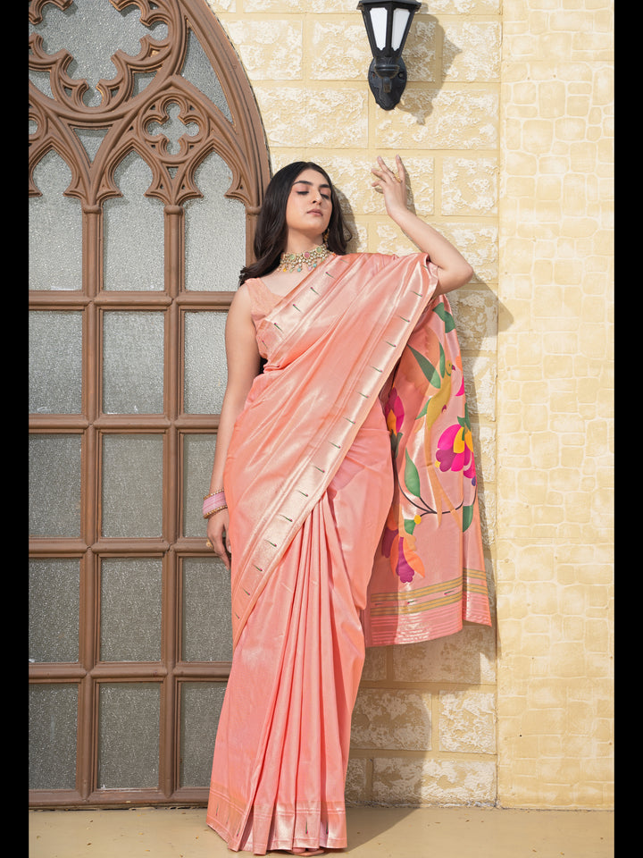 Peach Color Paithani Soft Blended Silk Saree with Zari Woven