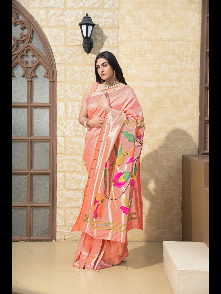 Peach Color Paithani Soft Blended Silk Saree with Zari Woven