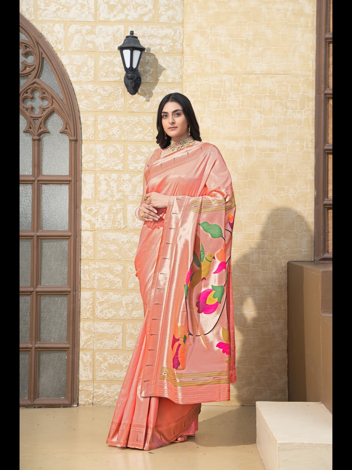Peach Color Paithani Soft Blended Silk Saree with Zari Woven