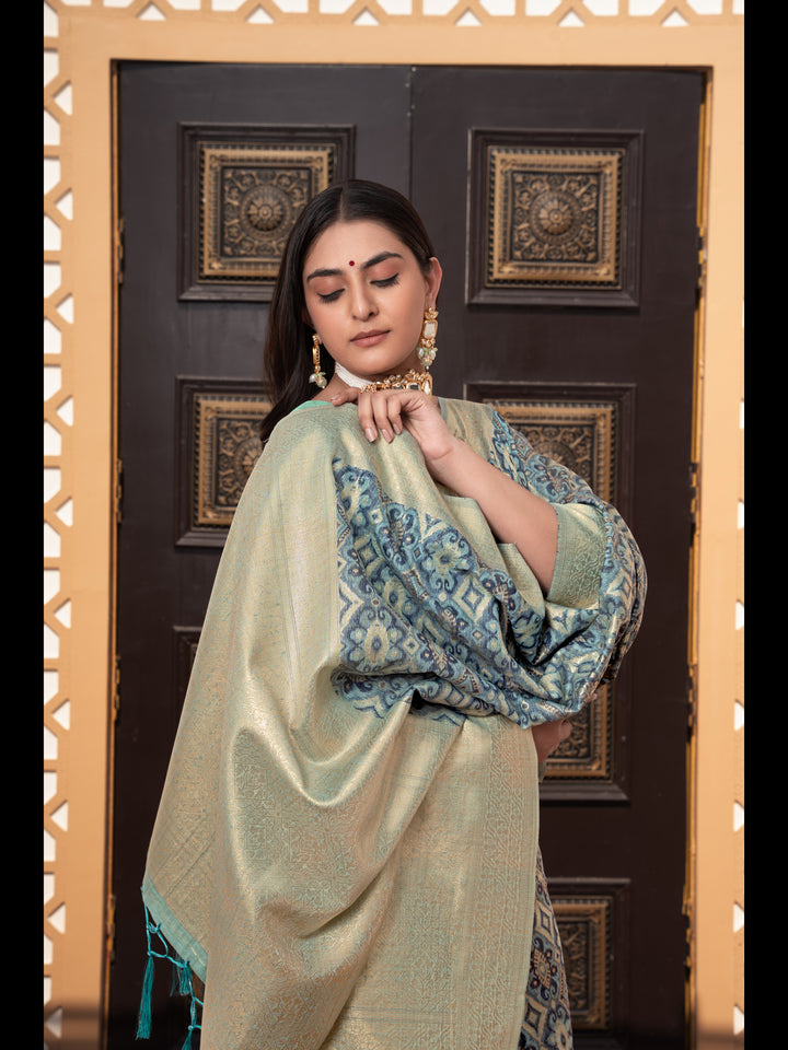 Blue Color Ikkat Cotton Ikkat Silk Saree with Zari Woven