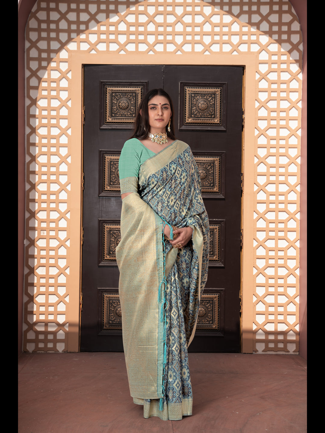Blue Color Ikkat Cotton Ikkat Silk Saree with Zari Woven