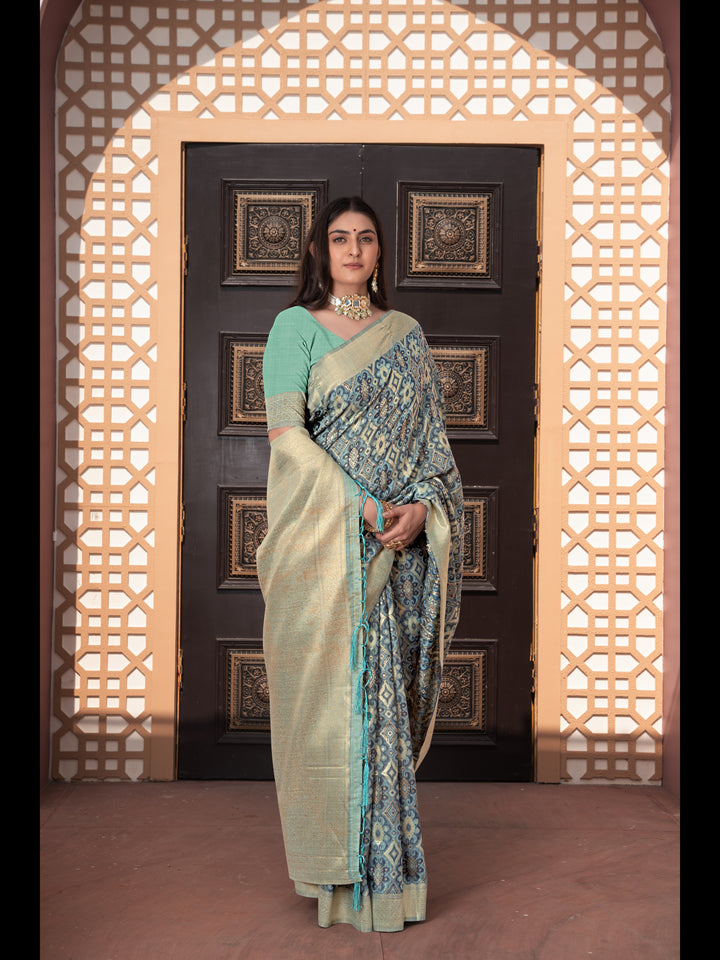 Blue Color Ikkat Cotton Ikkat Silk Saree with Zari Woven