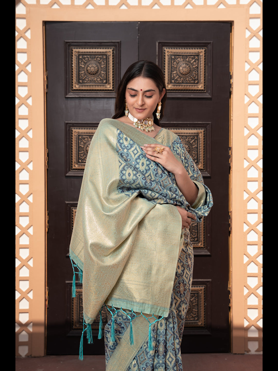 Blue Color Ikkat Cotton Ikkat Silk Saree with Zari Woven
