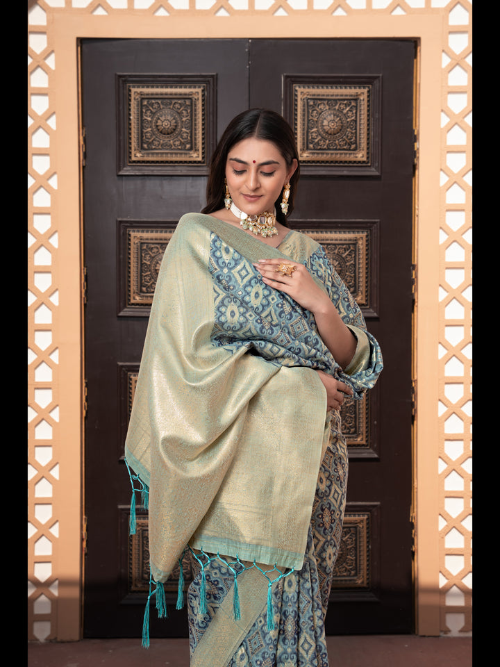 Blue Color Ikkat Cotton Ikkat Silk Saree with Zari Woven