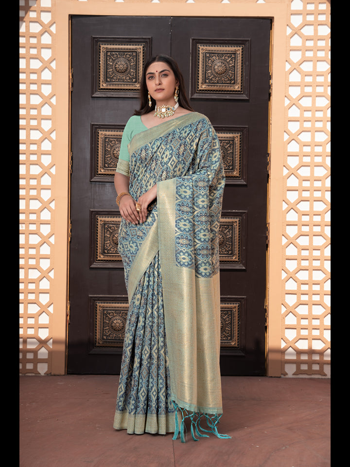 Blue Color Ikkat Cotton Ikkat Silk Saree with Zari Woven
