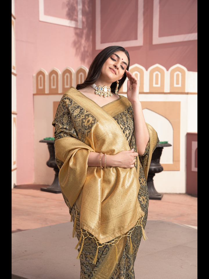 Brown Color Ikkat Cotton Ikkat Silk Saree with Zari Woven