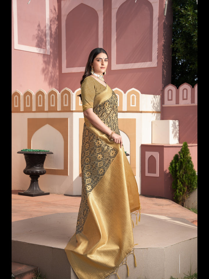 Brown Color Ikkat Cotton Ikkat Silk Saree with Zari Woven
