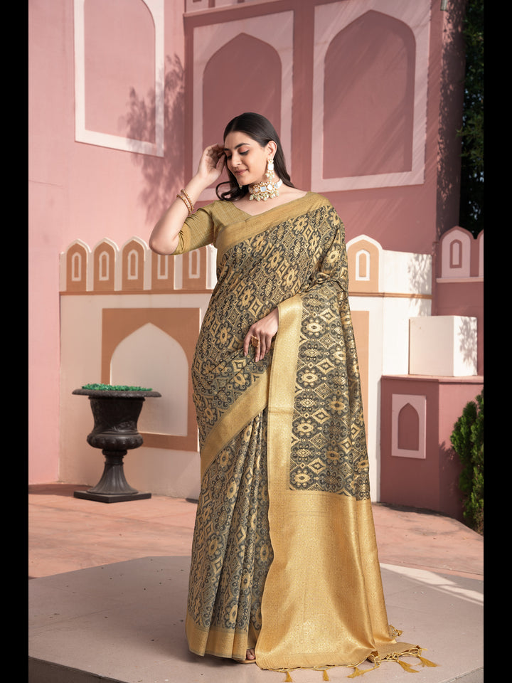 Brown Color Ikkat Cotton Ikkat Silk Saree with Zari Woven