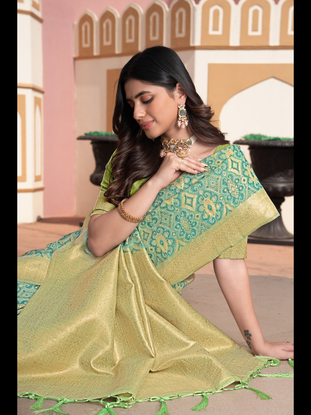 Green Color Ikkat Cotton Ikkat Silk Saree with Zari Woven