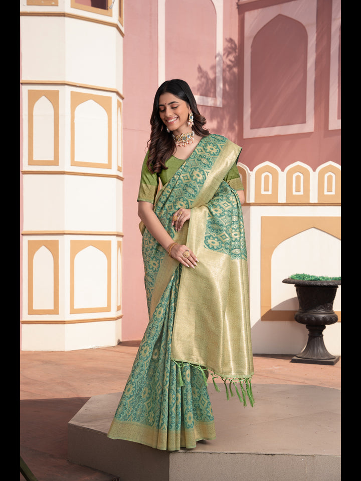 Green Color Ikkat Cotton Ikkat Silk Saree with Zari Woven