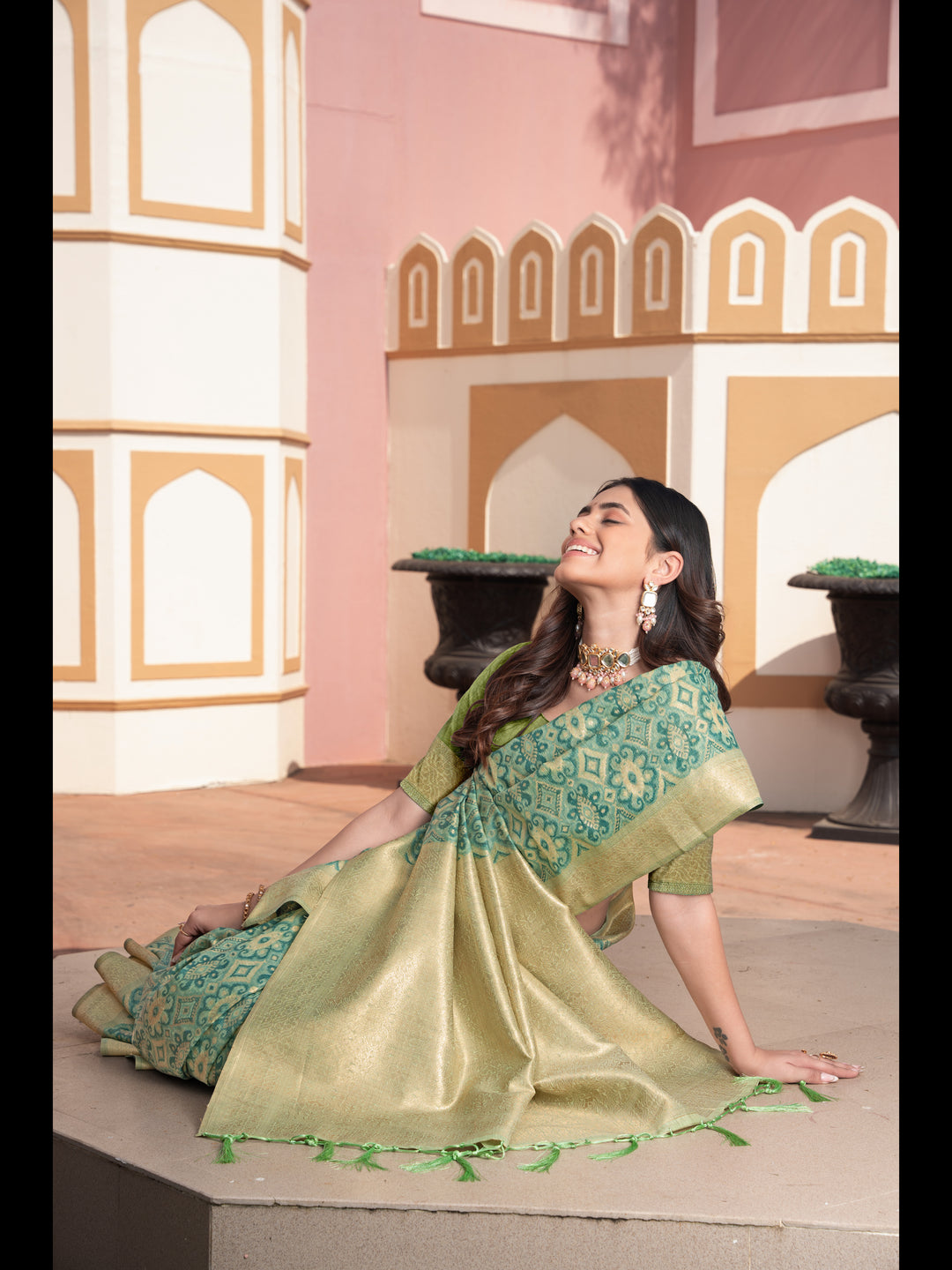 Green Color Ikkat Cotton Ikkat Silk Saree with Zari Woven