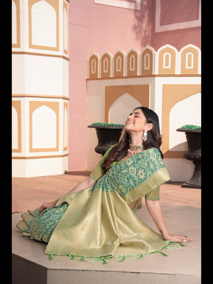 Green Color Ikkat Cotton Ikkat Silk Saree with Zari Woven