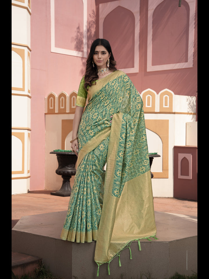 Green Color Ikkat Cotton Ikkat Silk Saree with Zari Woven