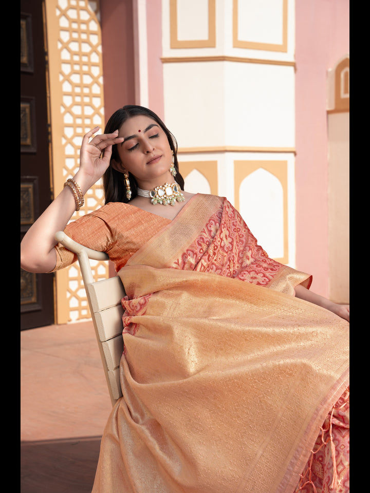 Peach Color Ikkat Cotton Ikkat Silk Saree with Zari Woven