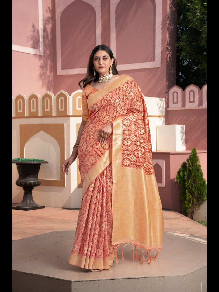 Peach Color Ikkat Cotton Ikkat Silk Saree with Zari Woven