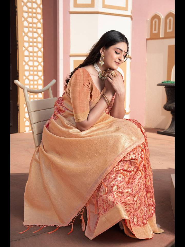 Peach Color Ikkat Cotton Ikkat Silk Saree with Zari Woven