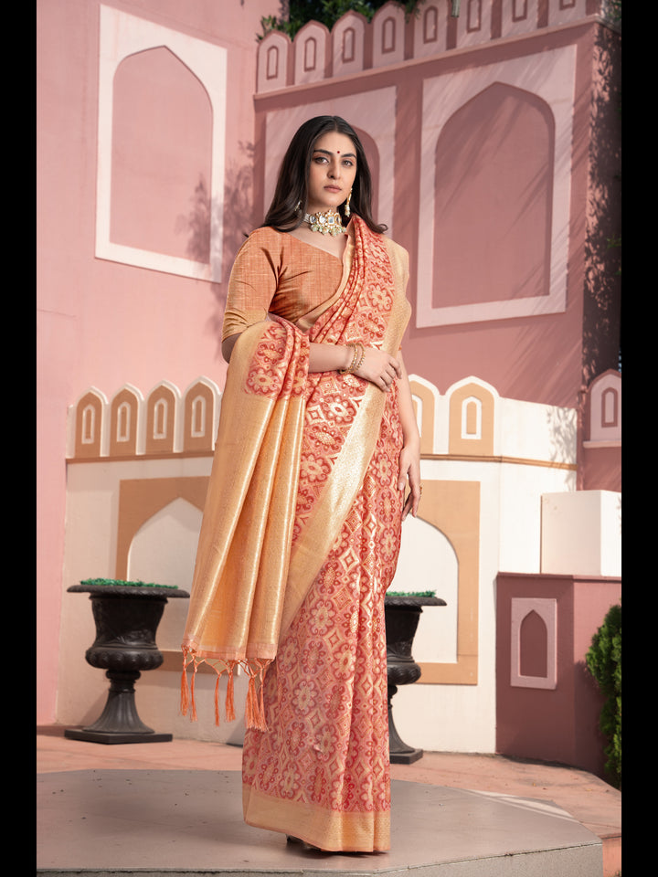Peach Color Ikkat Cotton Ikkat Silk Saree with Zari Woven