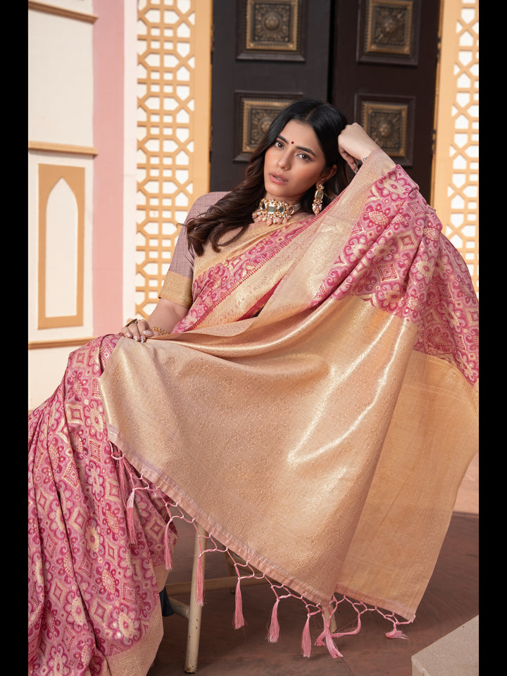 Pink Color Ikkat Cotton Ikkat Silk Saree with Zari Woven