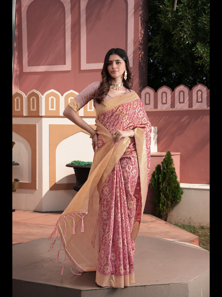 Pink Color Ikkat Cotton Ikkat Silk Saree with Zari Woven
