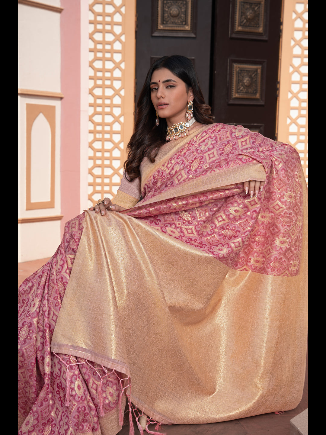 Pink Color Ikkat Cotton Ikkat Silk Saree with Zari Woven