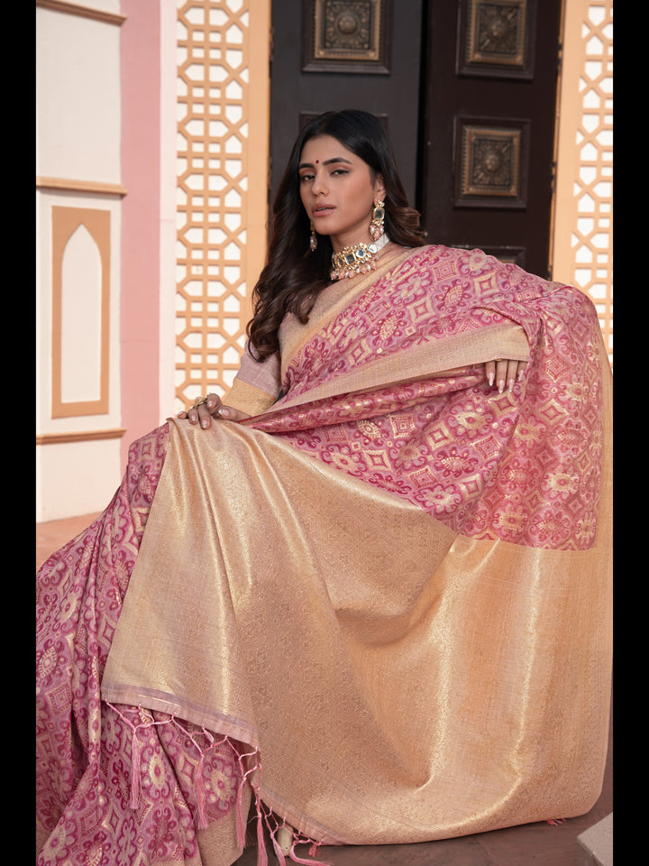 Pink Color Ikkat Cotton Ikkat Silk Saree with Zari Woven