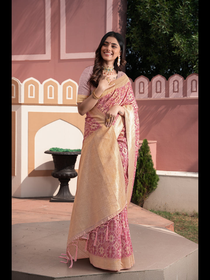 Pink Color Ikkat Cotton Ikkat Silk Saree with Zari Woven