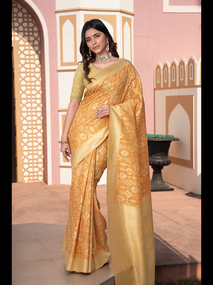 Yellow Color Ikkat Cotton Ikkat Silk Saree with Zari Woven